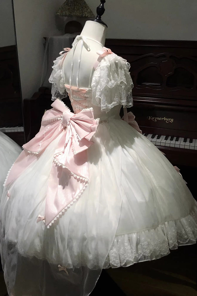 White/Pink Snow of Love Ruffled Hanayome Open-Front Bow Lace Sweet Princess Lolita Dress