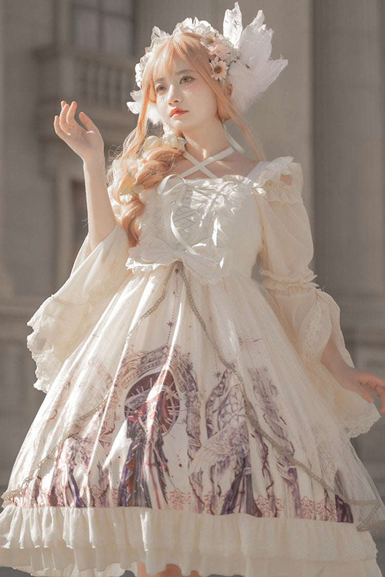 Ivory Ancient Mythology Angel Wings Print Mesh Stitching Bowknot Ruffled Gothic Lolita Jsk Dress