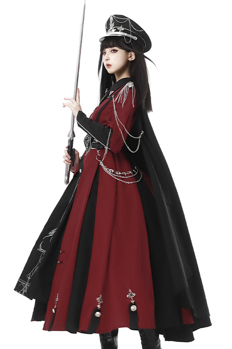Red/Black Scarlet Night Knight Metal Chain Print Bowknot Gothic Military Elegant Lolita Dress