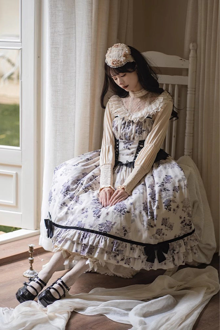 Ivory Rose Print Ruffle Sweet Elegant Princess Lolita Dress
