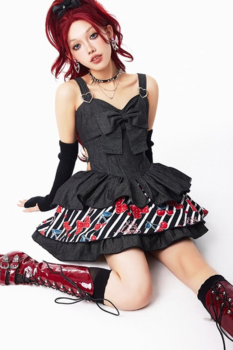 Black Cherry Sleeveless Triple-Layered Print Ruffle Bowknot Denim Sweet Japanese Vintage Lolita Jsk Dress