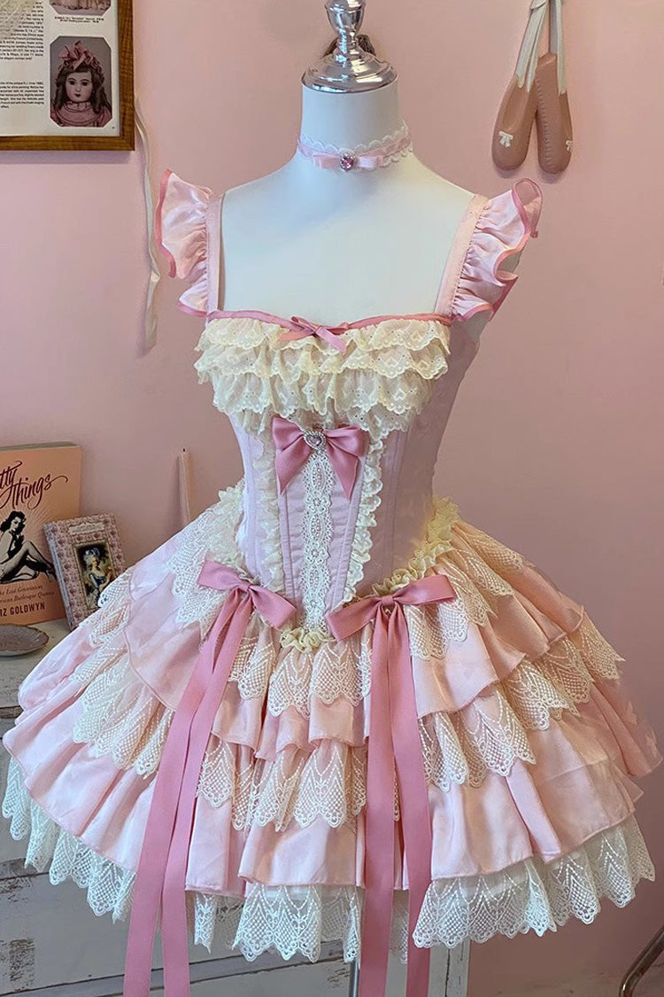 Pink Strawberry Candy Multi-Layered Ruffle Bowknot Lace Sweet Ballet Lolita Dress