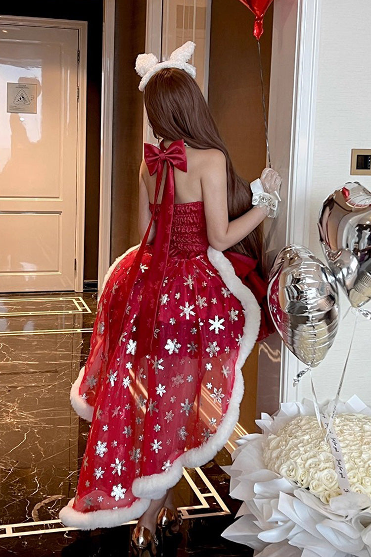 Red Holiday Lovers Sleeveless Triple-Layered Ruffle Hollow Bowknot Lace-Up Princess Ballet Sweet Lolita Dress