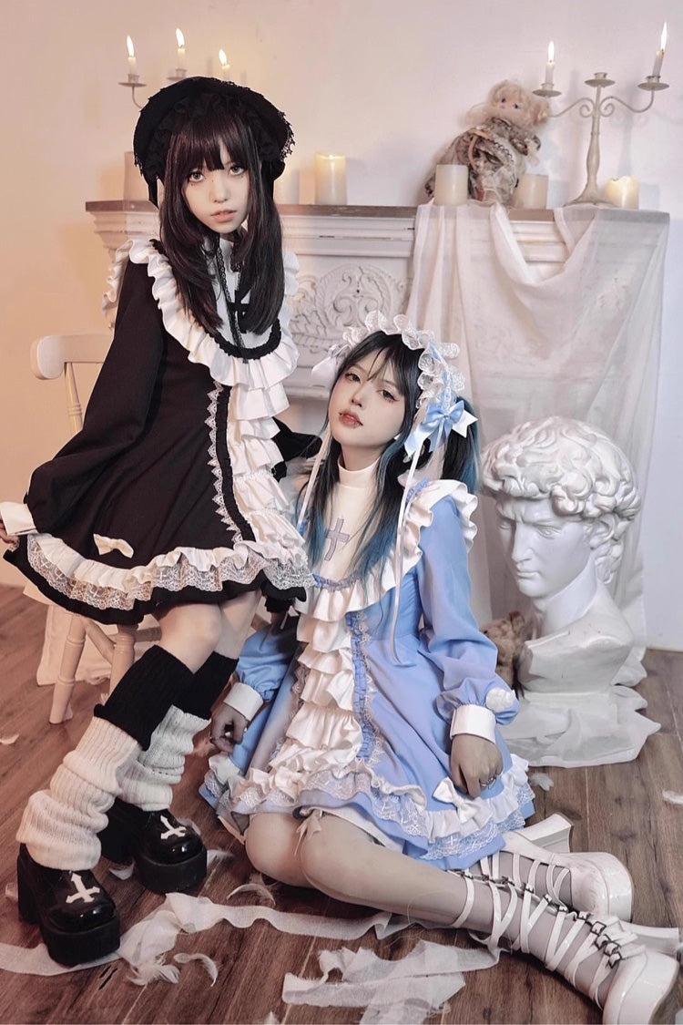White/Black Long Sleeves Multi-layer Cross Print Nun Style Ruffle Gothic Lolita Dress