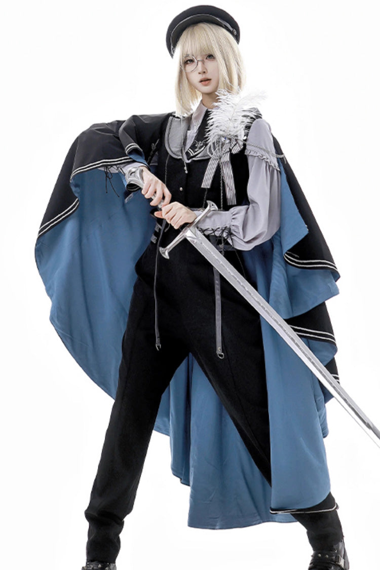 Black/Blue Dark Night Contract Long Sleeves Prince Handsome Ouji Lolita Blouse Pants Vest Set