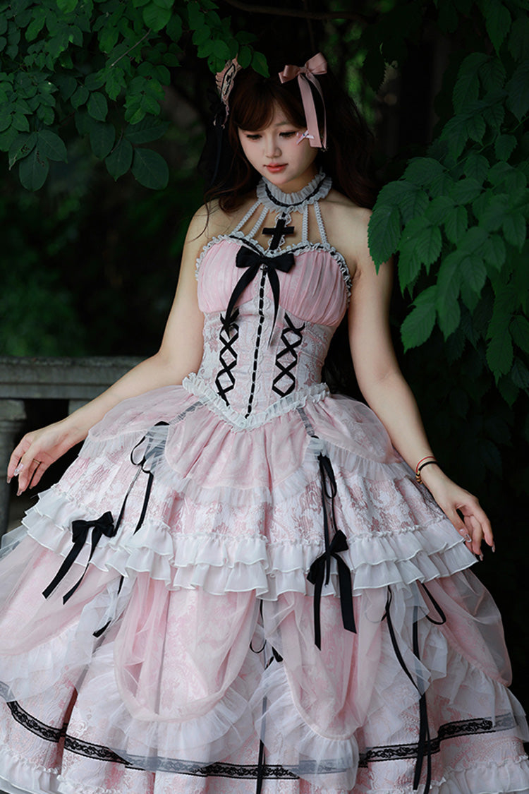 Pink Cross Halterneck Ruffle Bowknot Lace Lace-Up Princess Sweet Lolita Dress