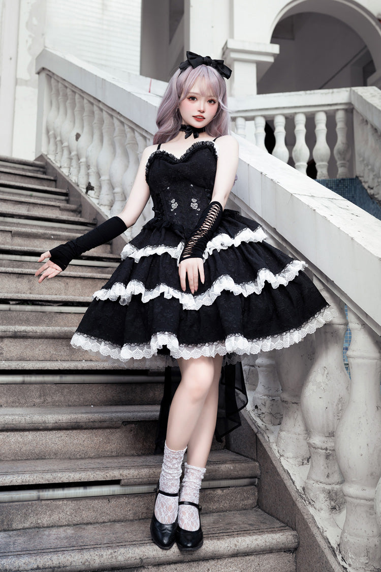 Black Triple-Layered Ruffle Embroidery Bowknot Gothic Lolita Jsk Dress