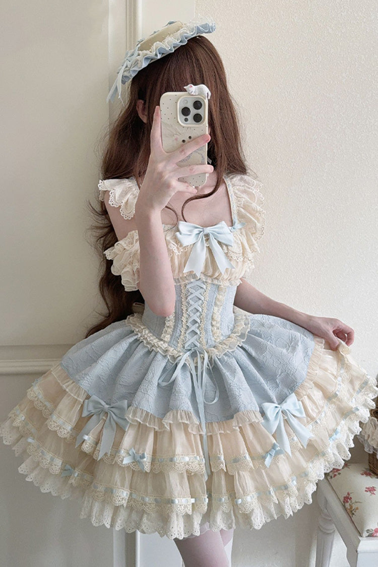 Blue Flory Butterfly Double-Layered Ruffle Bowknot Lace Lace-Up Sweet Ballet Lolita Jsk Dress