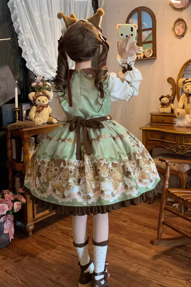 Green Squirrel Chocolate Shop Doll Collar Long Sleeves Printed Ruffled Bow Sweet Lolita Dress