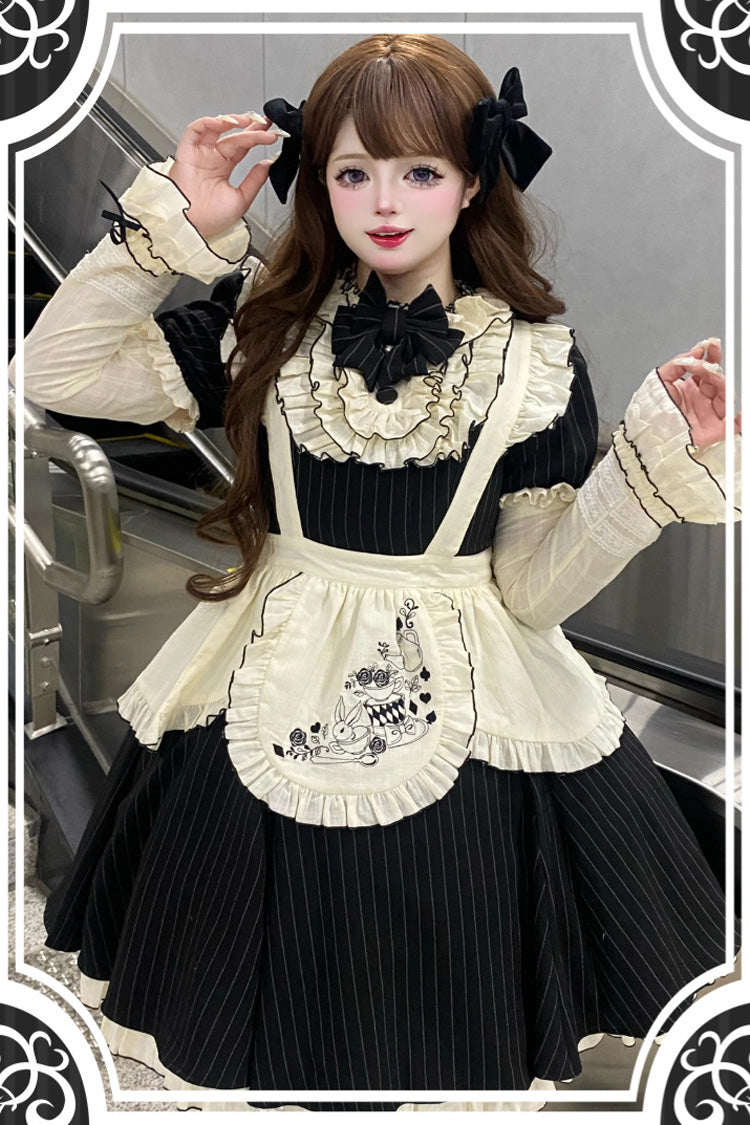 Black Short Sleeves Stripe Print Ruffle Bowknot Sweet Plus Size Maid Lolita Dress