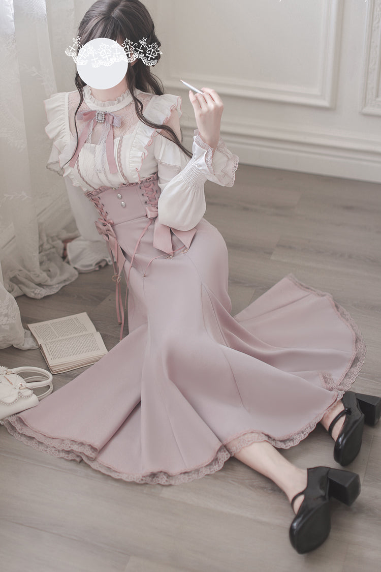 Pink Ruffle Bowknot Slim Sweet Elegant Lolita Fishtail Skirt Dress