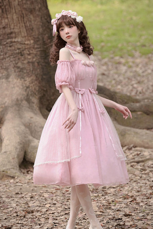 Boat Neck Bubble Short Sleeve Flower Embellished High Waisted Sweet Lolita Dress