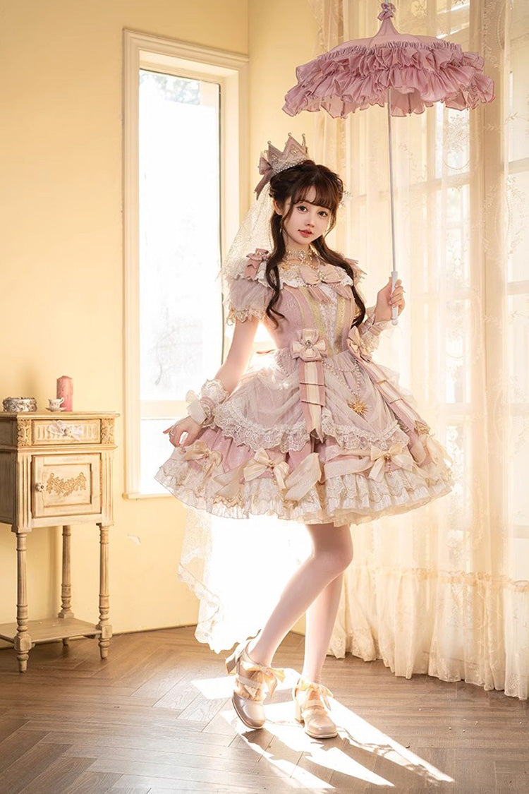 Pink Girls' Day Short Sleeves Multi-Layered Ruffle Bowknot Lace Sweet Lolita Dress 2 Versions