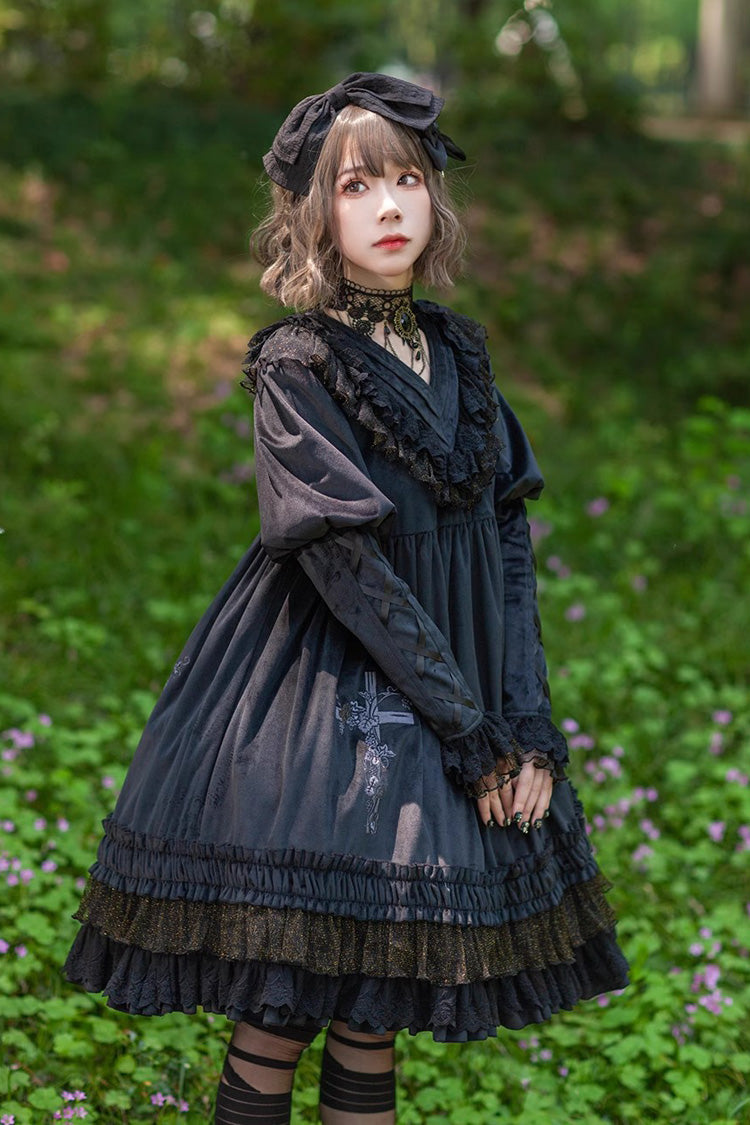 Holy Fruit Manor Embroidery Print Long Puff Sleeves Ruffle Gothic Lolita Dress 2 Colors