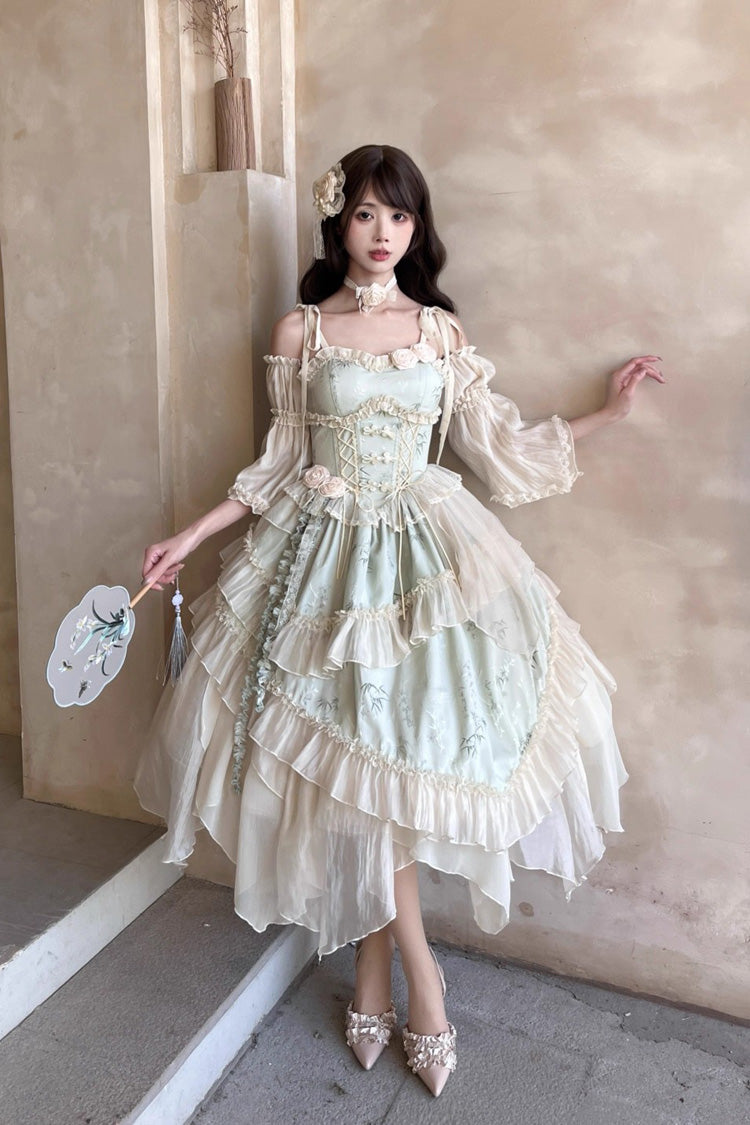 Green Tea Bamboo Song Sleeveless Print Ruffle Bowknot Sweet Chinese Style Elegant Ballet Lolita Jsk Long Dress