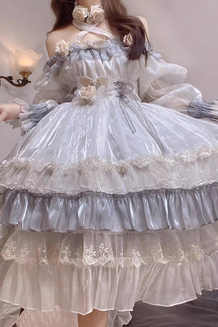 Grey/Blue Spring of Boliya Long Sleeves Multi-Layered Ruffle Bowknot Lace Lace-Up Sweet Princess Lolita Dress