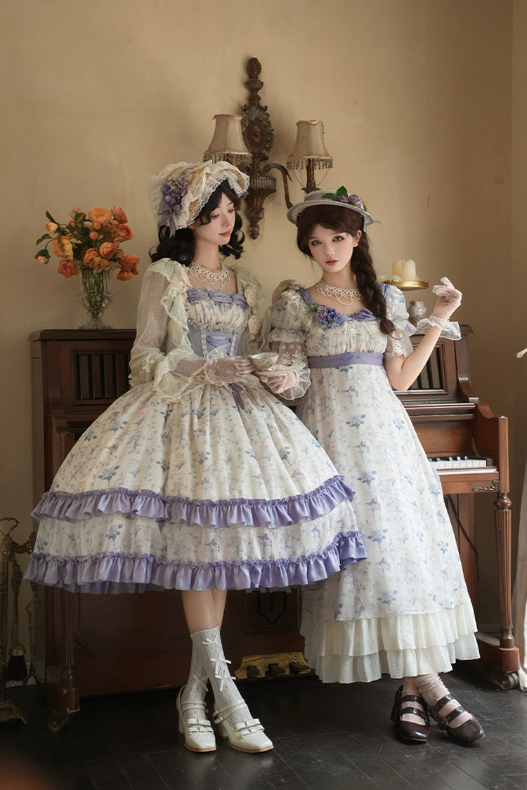 Purple/Ivory Iris Secrets Double-Layered Print Ruffle Bowknot Lace-Up Fake Two Pieces Sweet Lolita Jsk Dress