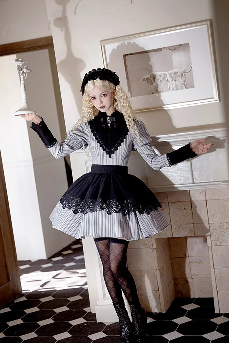 Light Grey Nocturne Vertical Stripes Print Ruffle Bowknot Lace Gothic Lolita Dress 2 Versions