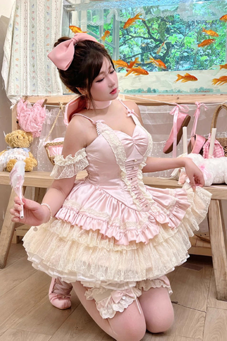 Pink Ballet Cat Multi-Layered Ruffle Bowknot Lace Sweet Ballet Lolita Jsk Dress