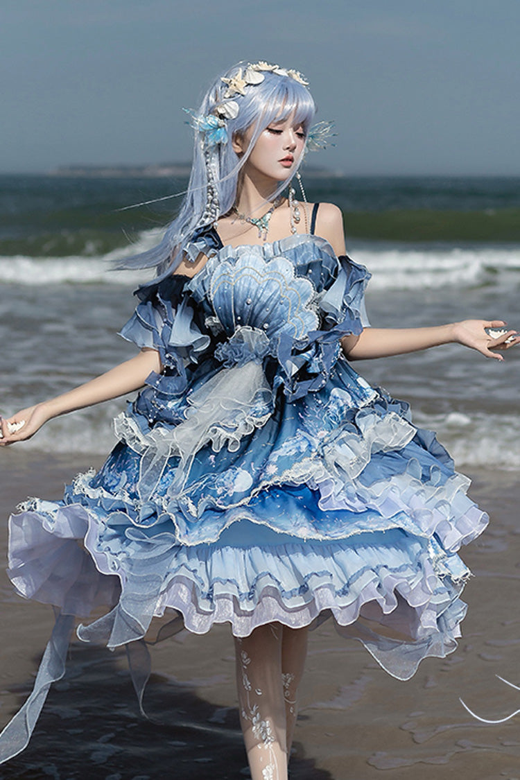 Blue Jellyfish Gradient Print Ruffle Embroidery Bowknot Lace Asymmetric Sweet Elegant Lolita Jsk Dress