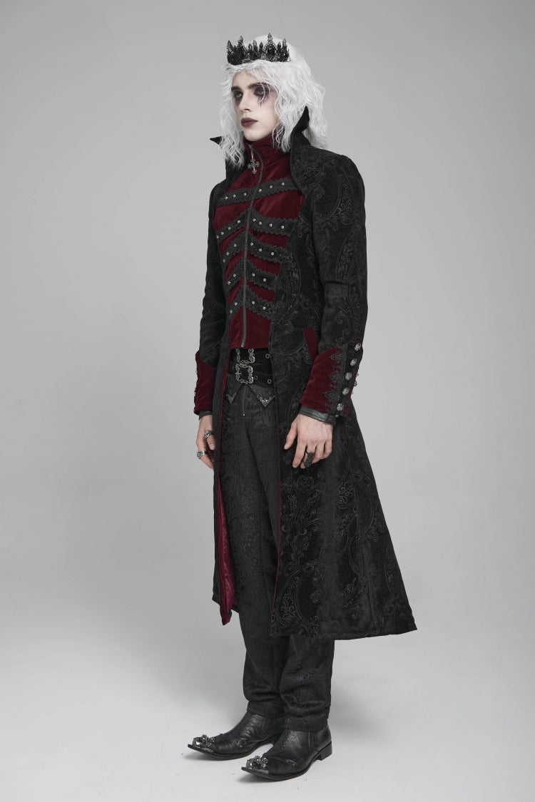 Black/Red Diamante Stand Collar Long Sleeves Printed Zippered Men's Gothic Long Coat