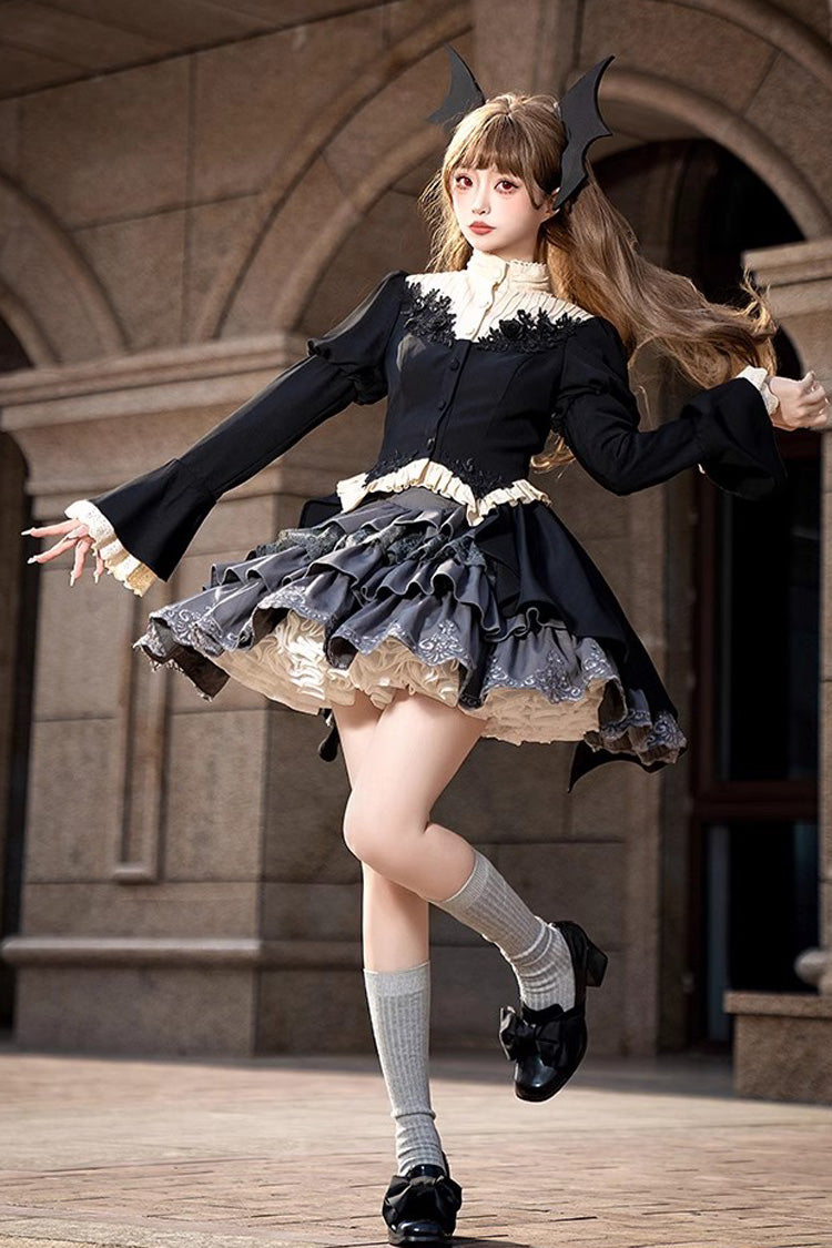 Black Eternal Night Feast Multi-Layered Ruffle Lace Gothic Princess Lolita Top and Skirt Set
