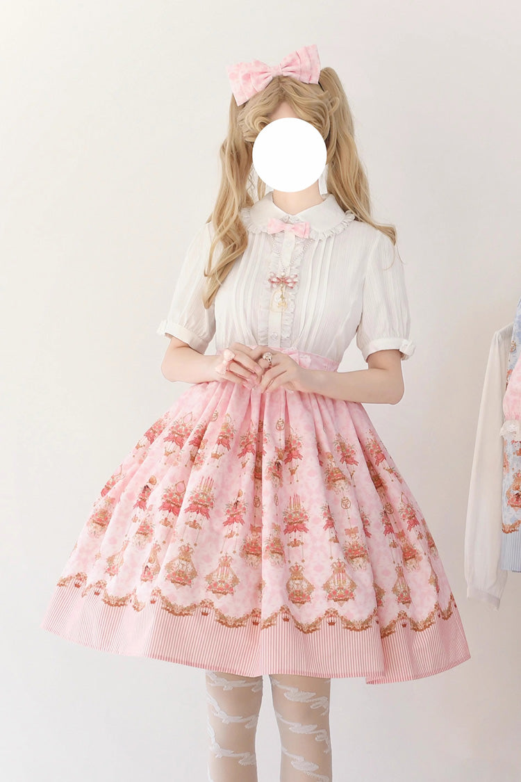 Pink Rose Garden Rabbit Print Ruffle Bowknot Sweet Lolita Dress