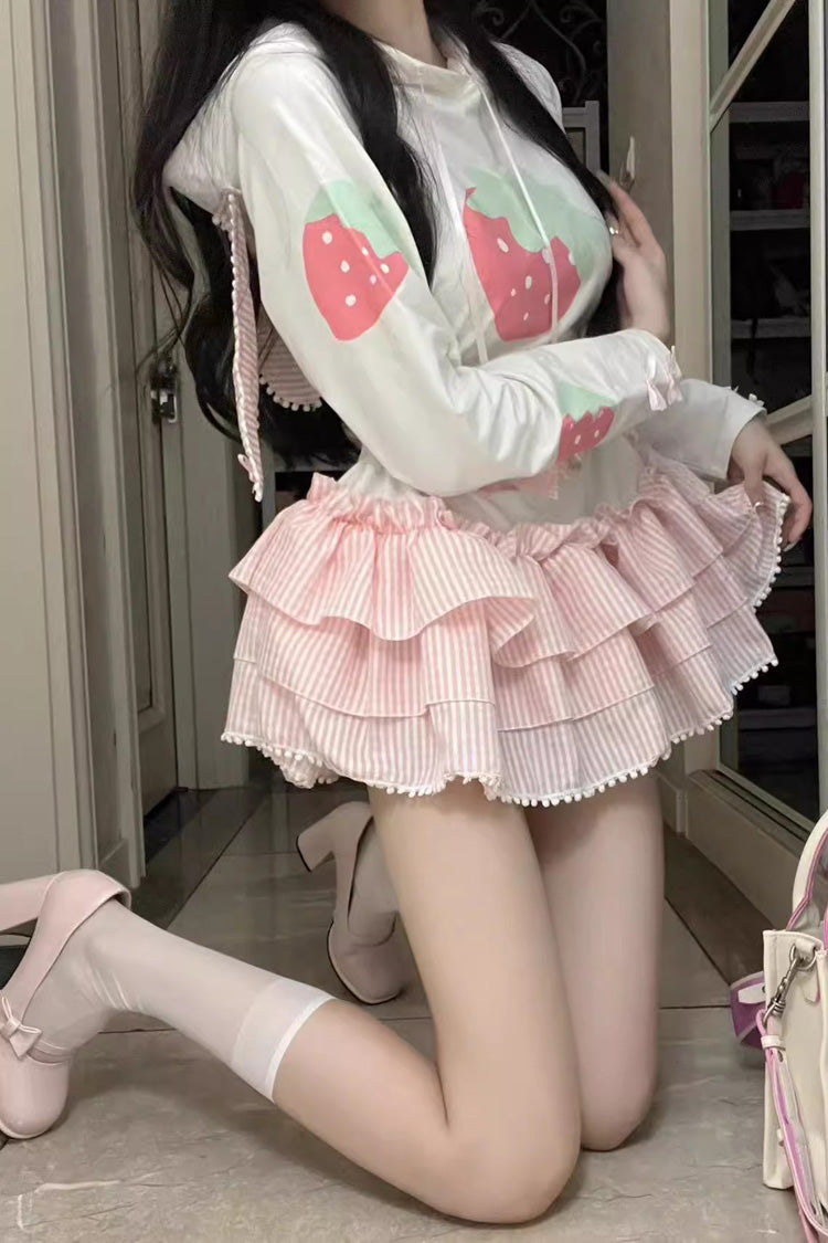 White/Pink Long Sleeves Triple-Layered Strawberry Print Hooded Sweet Lolita Dress