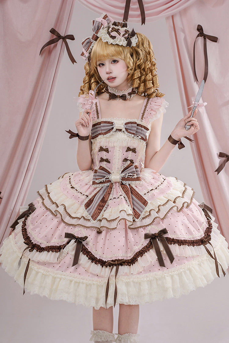 Pink Shengqiao Tata Sleeveless Print Ruffle Bowknot Lace-Up Sweet Elegant Lolita Jsk Dress