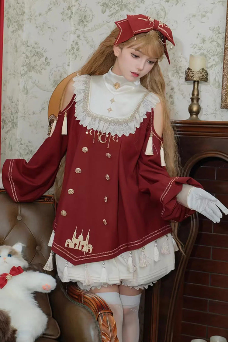 Red Starry Night Long Sleeves Ruffle Embroidery Sweet Princess Lolita Dress Full Set