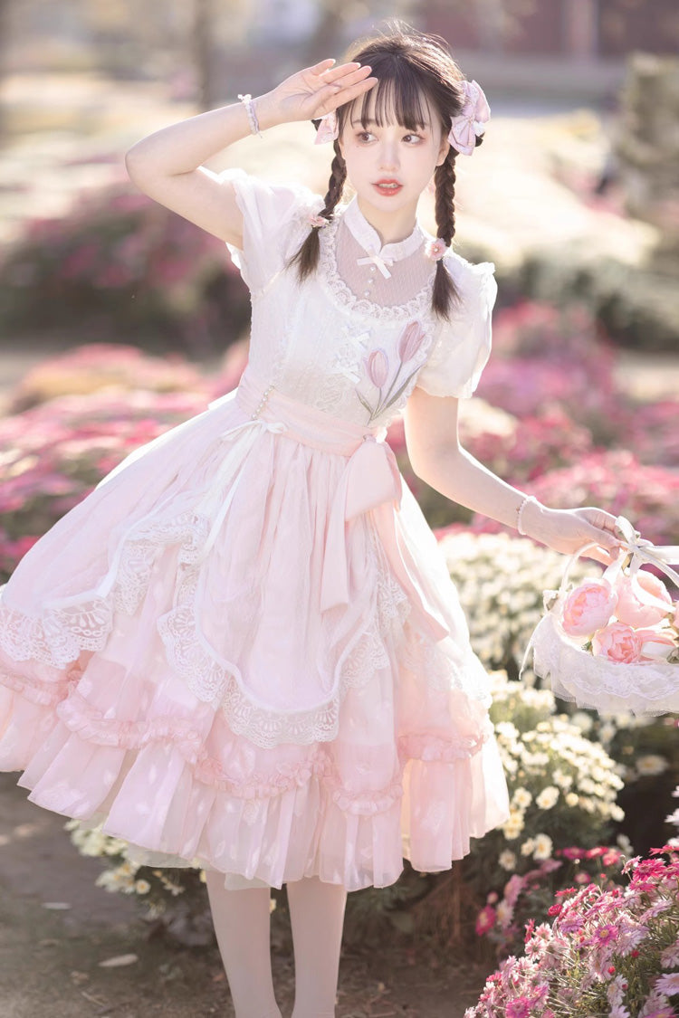Pink Round Collar Short Sleeves Lace Ruffle Bowknot Sweet Princess Lolita Dress
