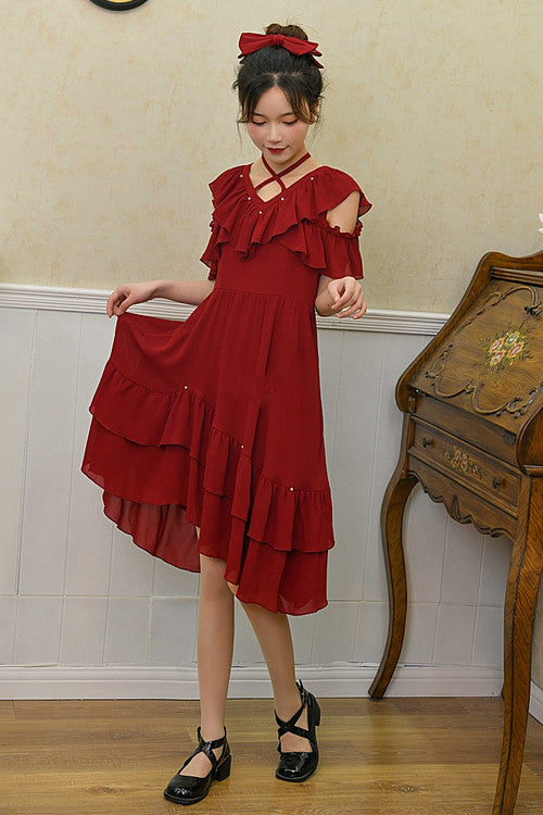 Red Ruffled V Collar Strapless Short Sleeves Dual Purpose High Waisted Long Sweet Lolita Dress