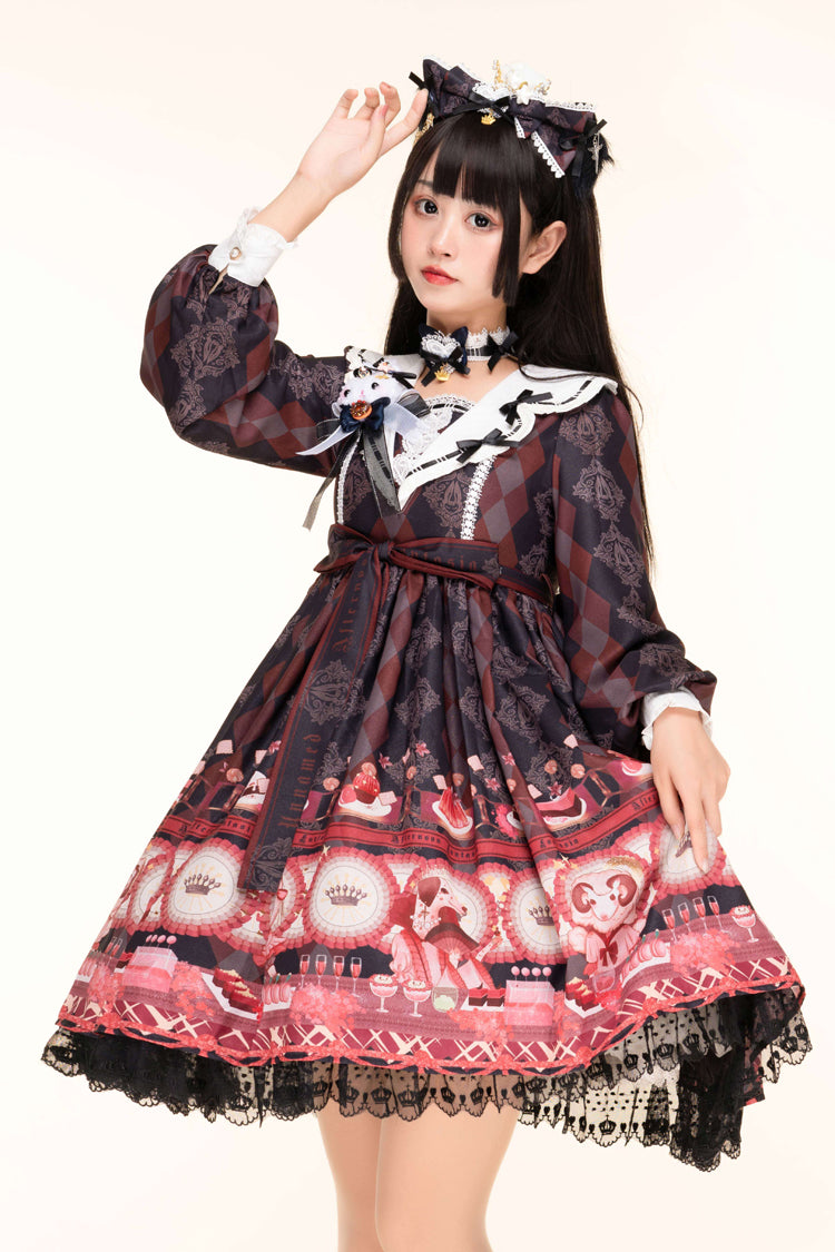 Black Afternoon Fantasia Long Sleeves Print Ruffle Bowknot Sweet Lolita Jsk Dress