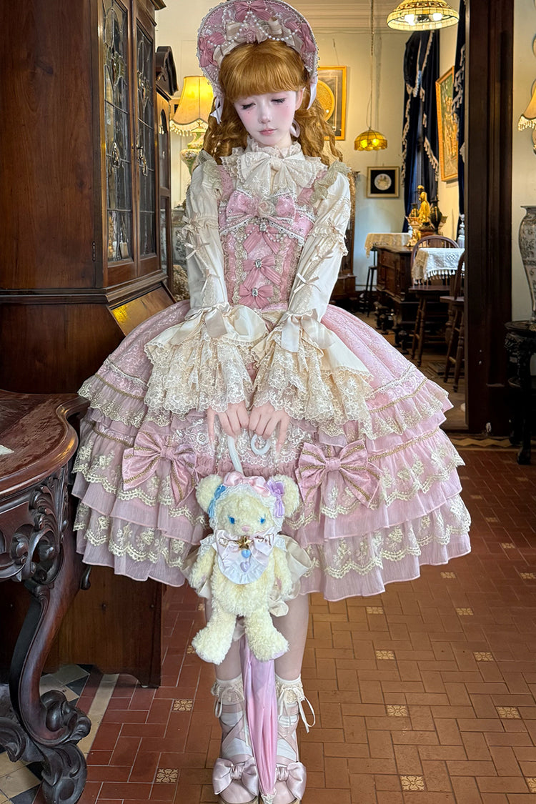 Pink Crown of Gems Triple-Layered Ruffle Bowknot Lace Sweet Gorgeous Lolita Jsk Dress