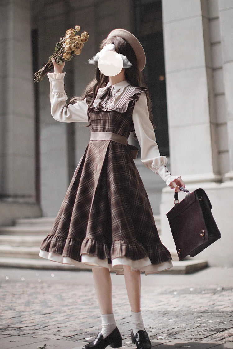 Brown The Thames at Dusk Print Long Sleeves Ruffle Fake Two Pieces Vintage College Style Lolita Dress