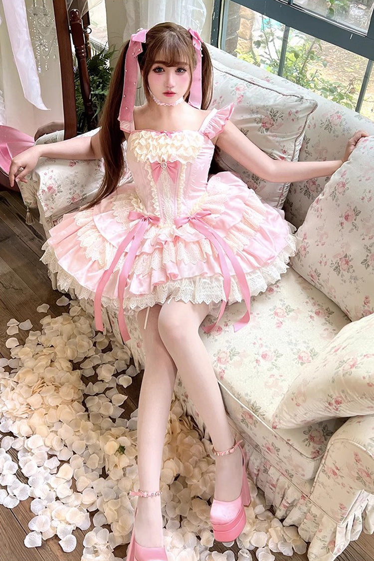 Pink Strawberry Candy Multi-Layered Ruffle Bowknot Lace Sweet Ballet Lolita Dress