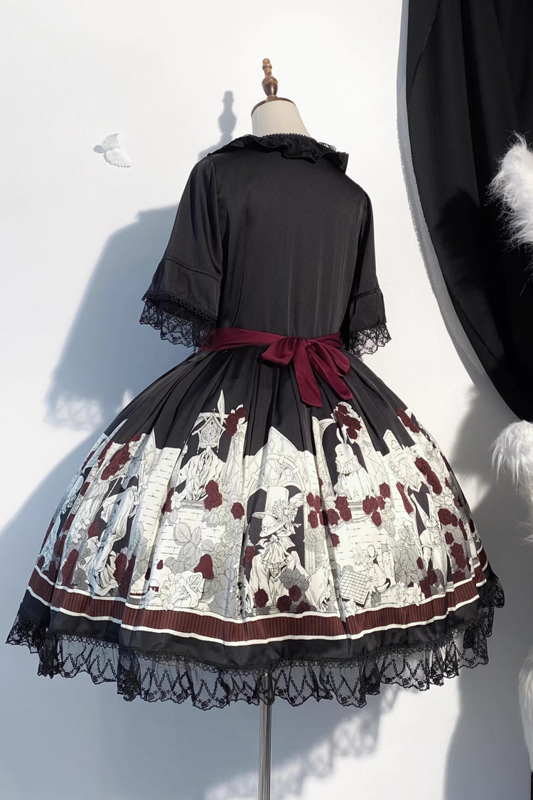 Black Alice of the Asylum Print Bowknot Lace Gothic Lolita Dress 2 Versions