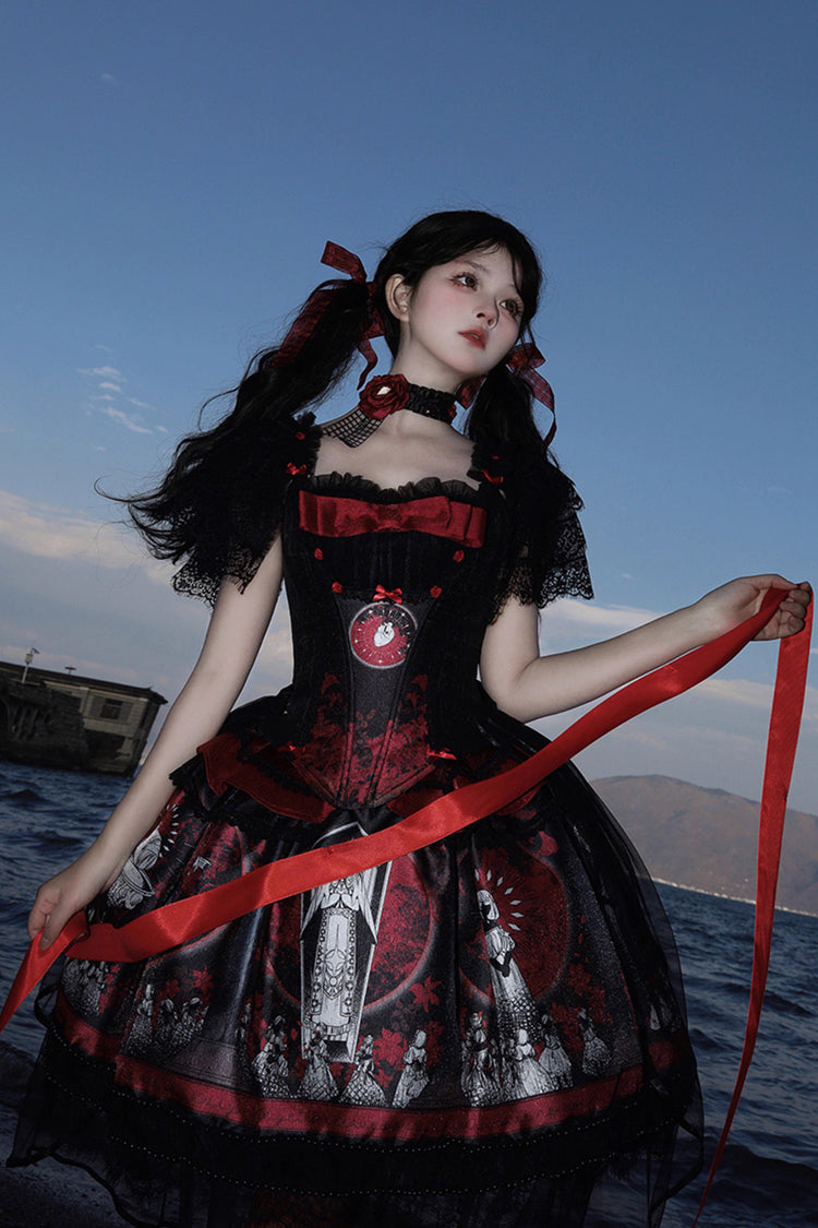Red Dark Moon Corridor Print Embroidery Gothic Lolita Dress Skirt