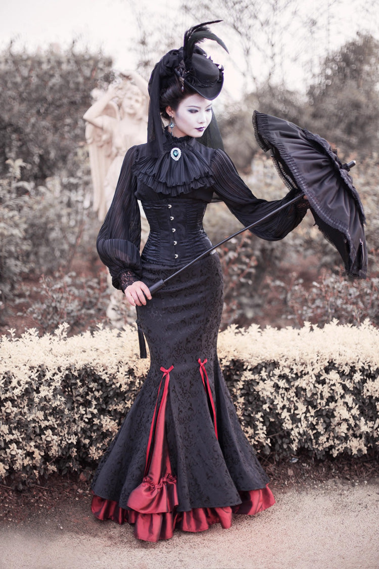 Black/Red Lorelei Double-Layered Print Ruffle Gothic Elegant Lolita Jacquard Mermaid Maxi Skirt
