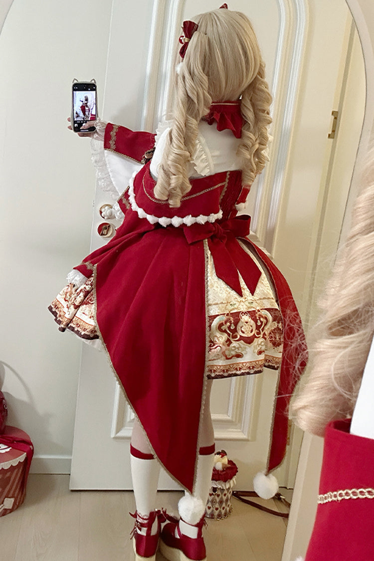 Red New Year Print Ruffle Bowknot Lace-Up Sweet Chinese Style Lolita Jsk Dress