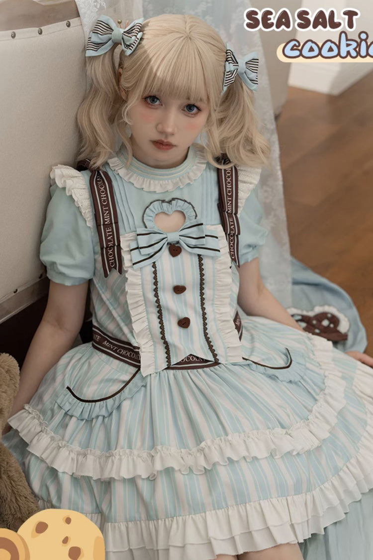 Light Blue Sea Salt Cookies Short Sleeves Print Ruffle Bowknot Sweet Lolita Dress