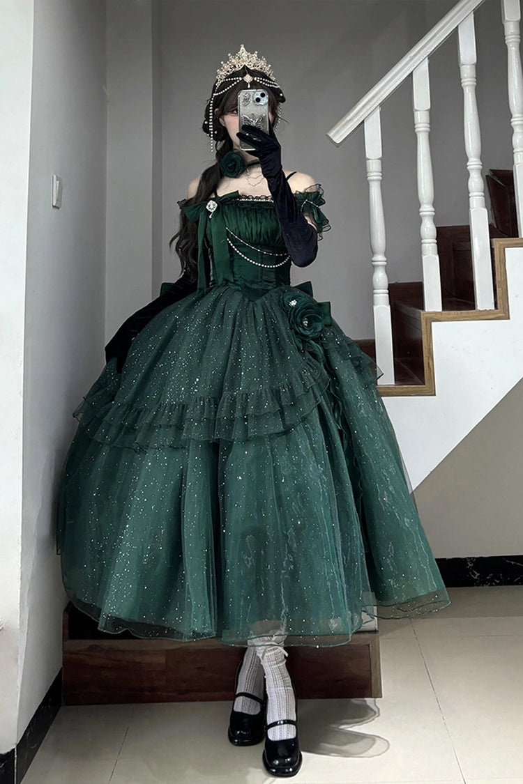 Green Bright Stars Off Shoulder Ruffle Bowknot Asymmetric Sweet Elegant Princess Lolita Dress