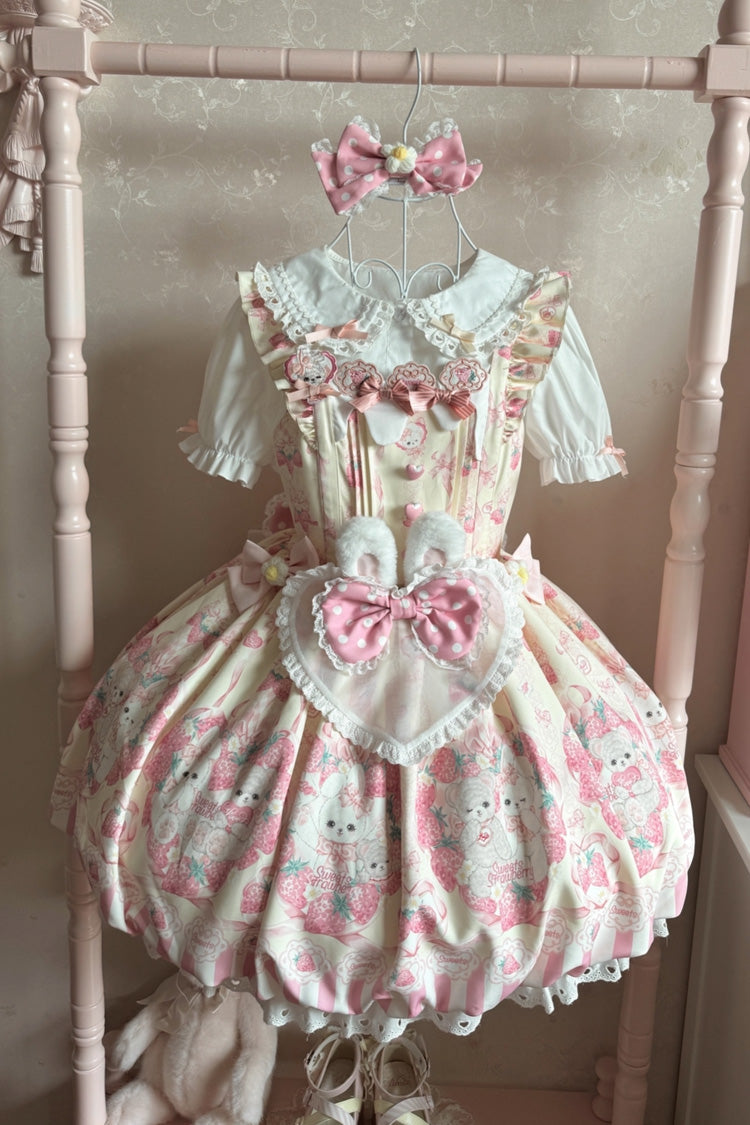 Cream Rabbit Strawberry Print Sleeveless Bowknot Sweet Lolita Jsk Dress 2 Colors