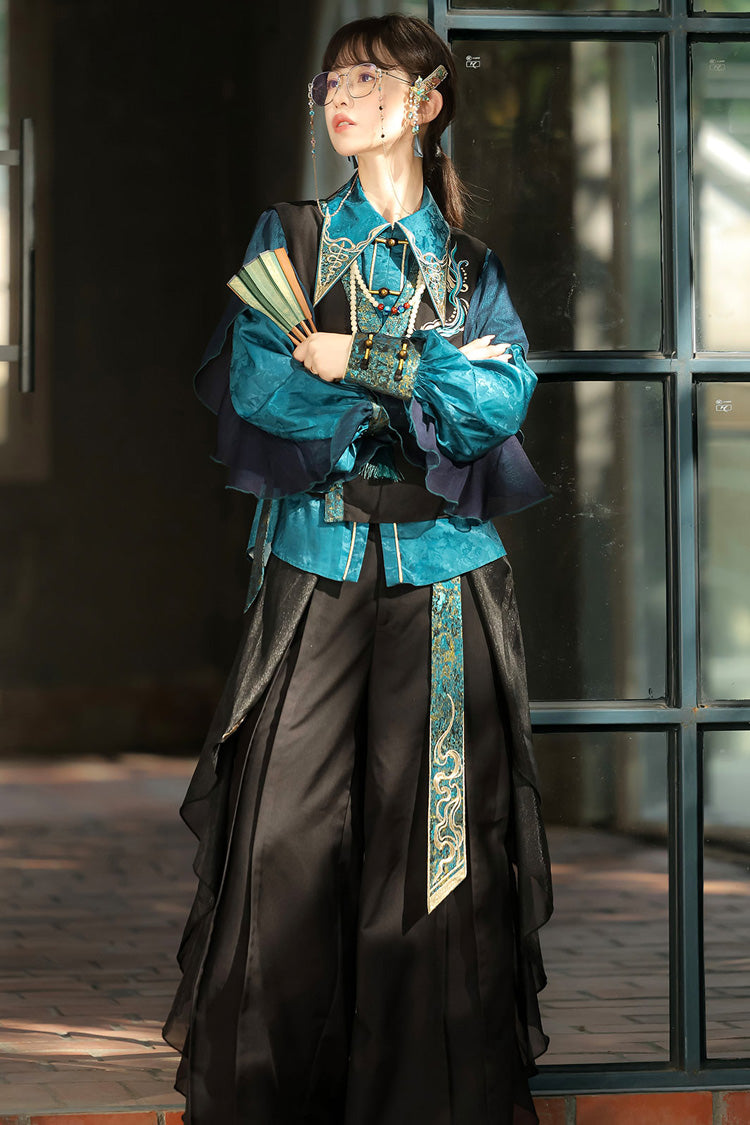 Black/Green Round Collar Long Sleeves Ruffle Embroidery Chinese Style Vintage Handsome Ouji Lolita Set
