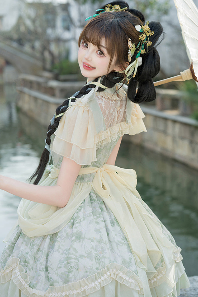 Green Pepper Chiffon Double-Layered Ruffle Bowknot Lace Sweet Chinese Style Lolita Dress