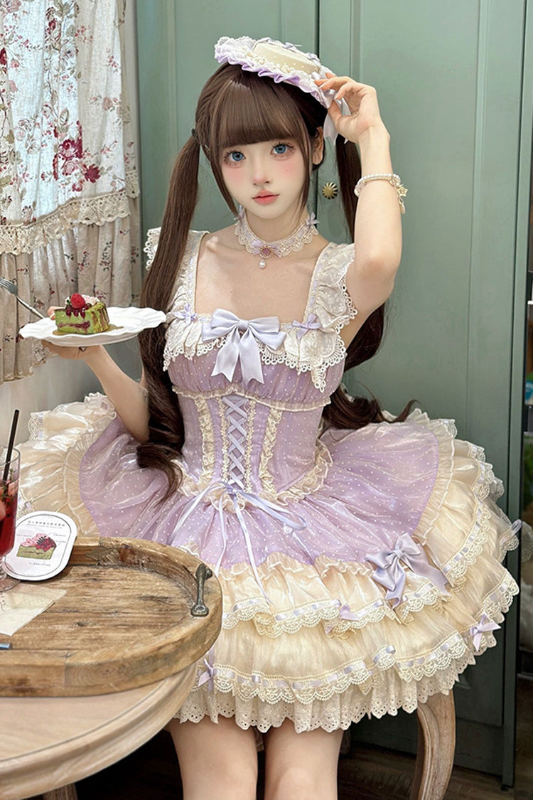 Purple Flory Butterfly Double-Layered Ruffle Bowknot Lace Lace-Up Sweet Ballet Lolita Jsk Dress