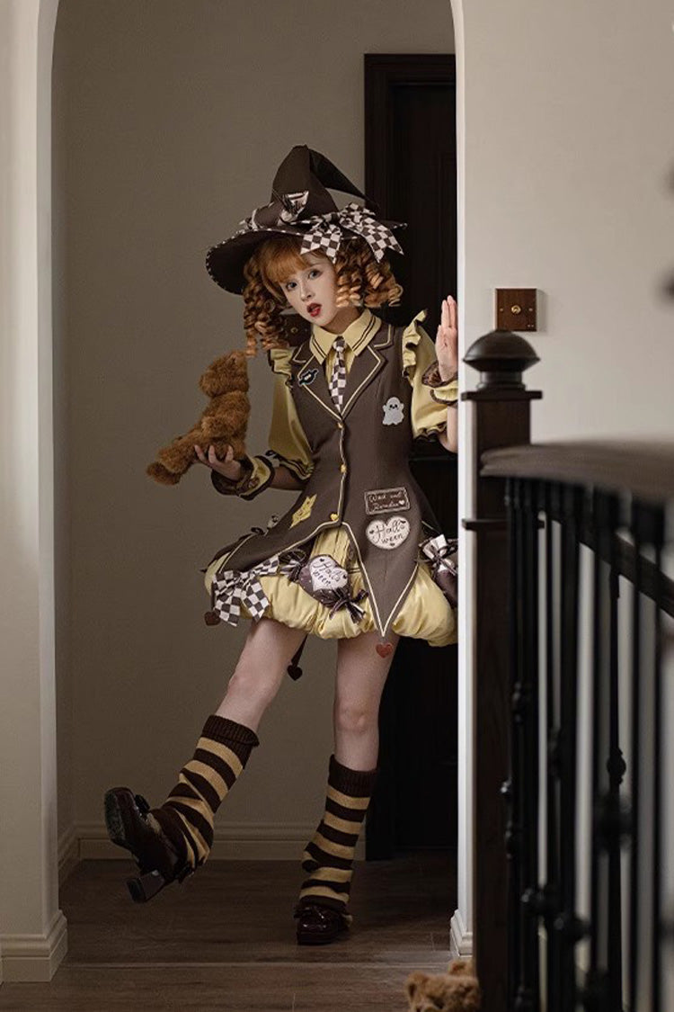 Brown/Yellow Witch and Paradise Short Sleeves Ruffle Bowknot Sweet Japanese Halloween Lolita Dress Vest Set