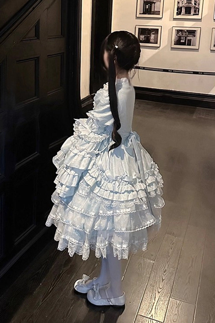 Blue The Soloist Doll Long Hime Sleeves Multi-Layered Print Ruffle Bowknot Asymmetric Sweet Lolita Dress