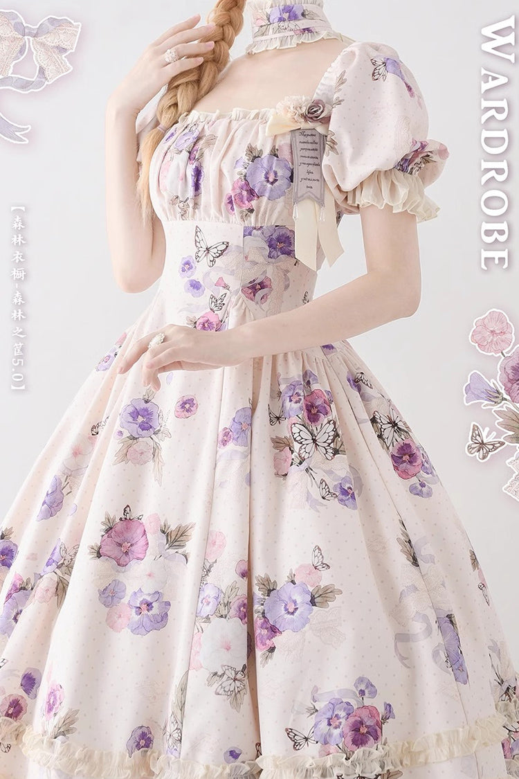 Forest Basket Print Short Sleeves Ruffle Lace Sweet Elegant Lolita Dress 6 Colors