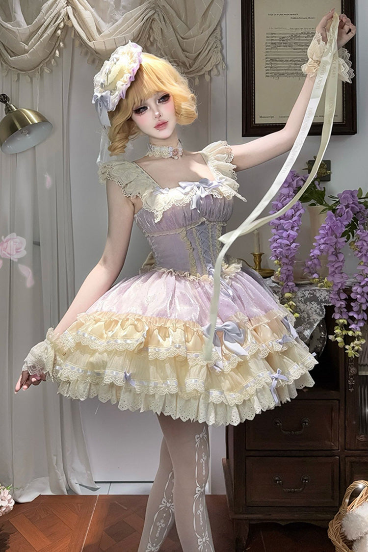 Purple Flory Butterfly Double-Layered Ruffle Bowknot Lace Lace-Up Sweet Ballet Lolita Jsk Dress
